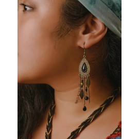Hanary Bohemian Bronze Water Drop Earrings, Stone Metal Leaf Pendant Long Tassel, Boho Chic Jewelry For Women