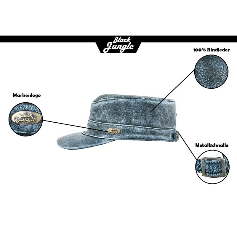 Black Jungle Castro Army Leather Cap Military Cap Biker Cap