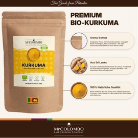 MrCOLOMBO Organic Turmeric Powder from Sri Lanka, Organic Curcuma Powder Finely Ground, No Additives, Laboratory Tested with High Curcumin Content, Intense Golden Yellow Turmeric as Spice, 100 g