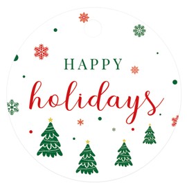 G2PLUS Happy Holiday Tags, 100PCS Christmas Holiday Tags, 2'' Round Holiday Gift Tags, Christmas Tree Paper Gift Tags with String for Xmas Gift Wrapping, DIY Arts & Crafts, Holiday Season Party Favors