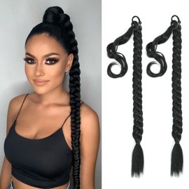 2 Pack 24 Inch Braided Ponytail Extension Braid With Hair Band Hairpiece for Braiding Long Ponytail Synthetic Hair for Women Fashion Hair Extension (Black, 24 Inch (Pack of 2))