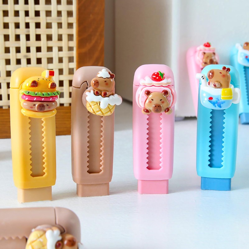 4 Pack Animal Eraser Sliding Push Pull Capybara Eraser Retractable