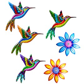 Wetufin - 6pcs Garden Wall Art Decor Set - 2 Metal Hummingbird and 2 Sunflower Metal Wall Decor Outdoor Hanging Multicolored Handmade Outdoor Decor, Exquisite Craftsmanship