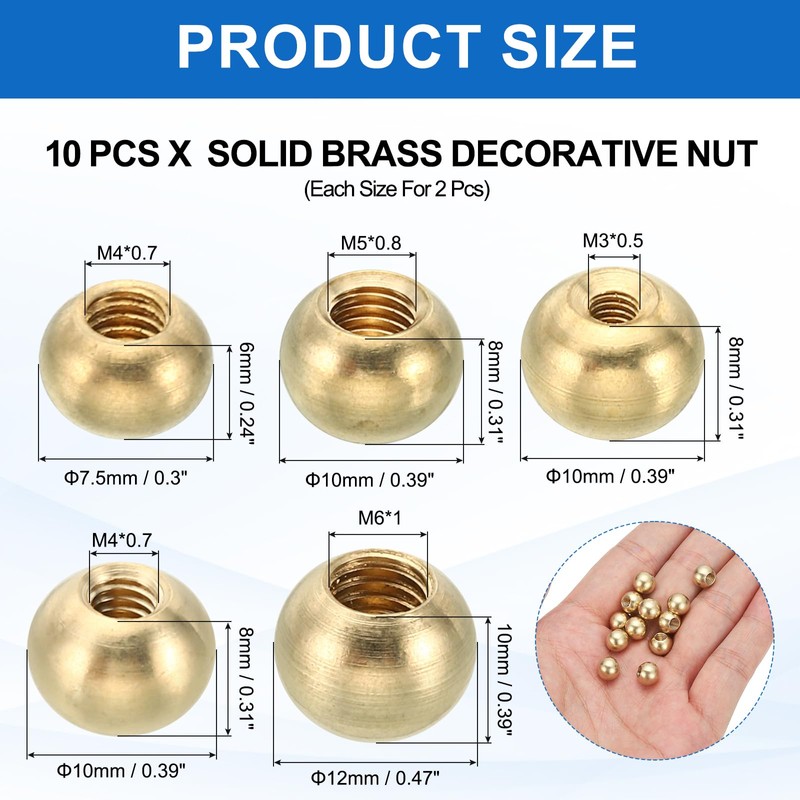 PATIKIL 10pcs M3/M4/M5/M6 Ball Thread Cap Nuts Knob, Brass Gold