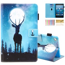 Dteck for Fire HD 8 (8th/7th/6th Generation) Smart Folio Tablet Case 2018/2017/2016 Release (8") with Auto Sleep Wake/Stand/Card Slots/Stylus, PU Leather Protective Cute Slim Magnetic Cover, Moon Elk