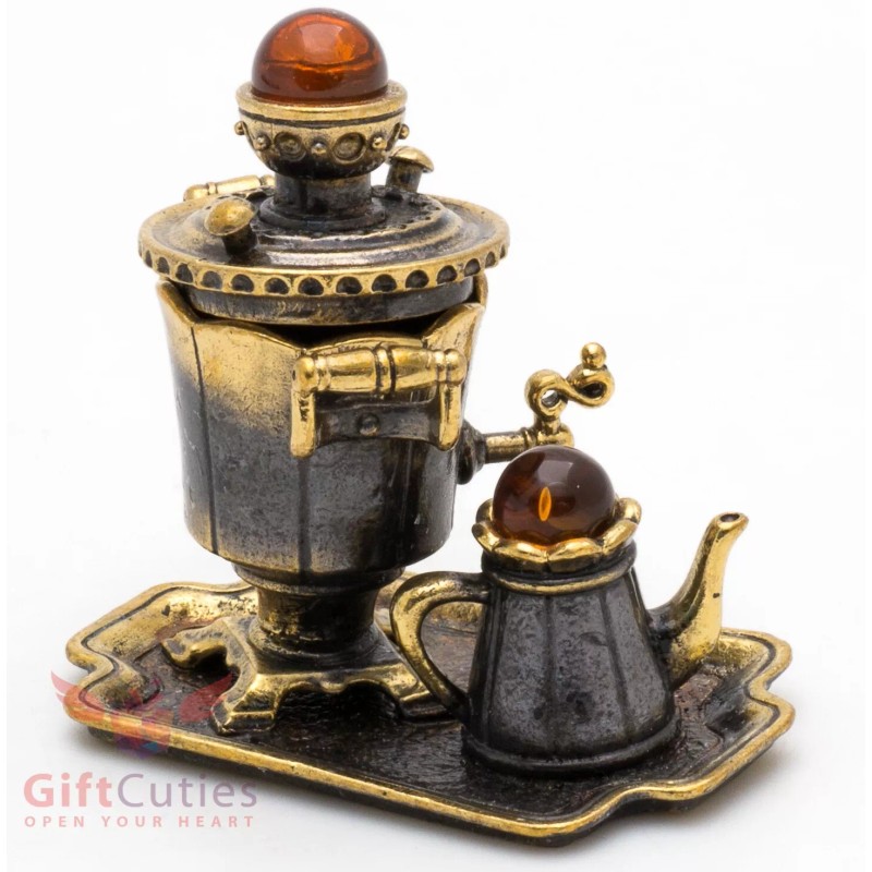 Brass Amber Figurine souvenir of Russian Samovar Teapot set souvenir