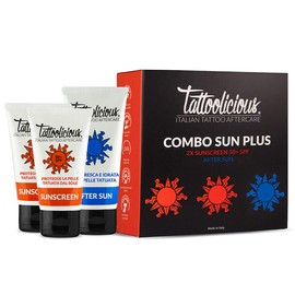 Tattoolicious Combo Sun Plus - Sunscreen 50+ Anti-Fading Sun Protection for Tattoos, with Biological Active Ingredients, 150 ml (2 Tubes of 75 ml) + After Sun Aftersun for Tattoos, 100 ml