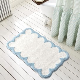 Luxury Cute Bathroom Rugs, White Bath Mat W/Blue Scalloped Edge, Microfiber Aesthetic Trendy Funky Fun Preppy Rug, Extra Soft Bathroom Mat Non-Slip for Tub, Shower, and Bath Room 32'' x 20''