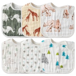 Zainpe 6Pcs Snap Muslin Cotton Baby Bibs Bear Fox Infants Drooling Bib Soft Absorbent Adjustable Burp Cloths Machine Washable Feeding Bibs for Newborns Girls Boys Toddlers Teething Eating 0-36 Months