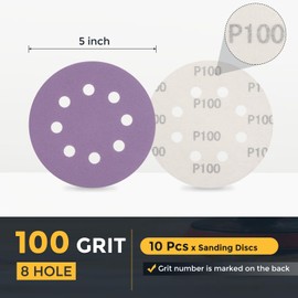 HARFINGTON 10 Pcs 5 Inch Sanding Disc 8 Hole 100 Grit Hook and Loop Sandpaper Random Orbital Sander Pads for Woodworking Automotive Metal Polishing, Purple