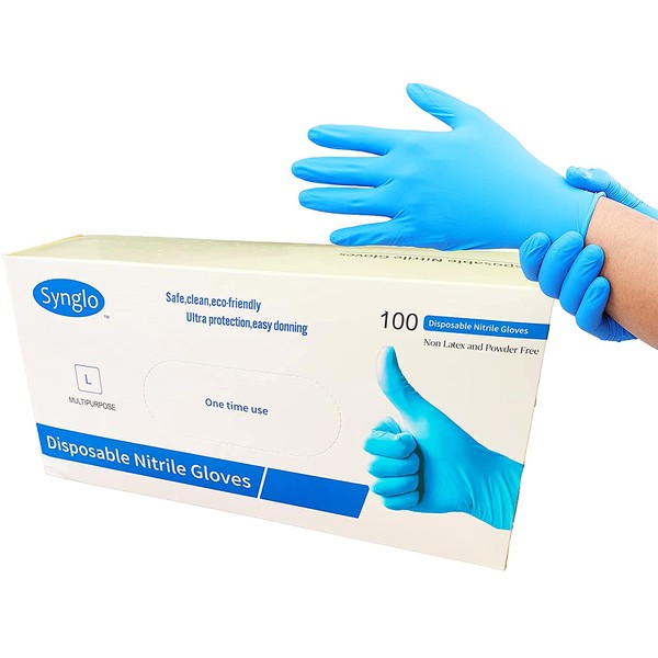 SYNGLO Disposable Nitrile Gloves, Powder Free, Box of 100, Large size, Multipurpose textured Blue Nitrile Gloves, Industrial Gloves, Cleaning Gloves, Suitable for Home, Restaurants, Work.
