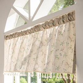 Wild Flowers Leaf Linen Kithen Curtains Valances for Windows Easter Spring Summer Floral Herbs Window Valance Farmhouse Small Tassel Rod Pocket Curtain for Living Room Bathroom Decor 57x18 Inch