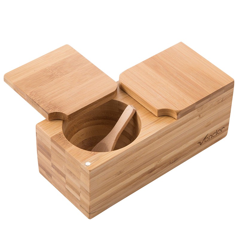 Vencier Bamboo Spice Salt & Pepper Box Magnetic Hinged Pot