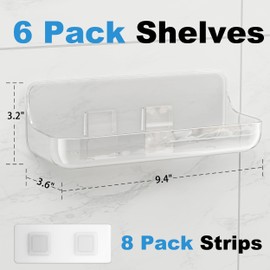 Kawfle Adhesive Shower Caddy, 6 Pack Acrylic Bathroom Shelves, No Drill Wall Mount Organizer Storage Shelf