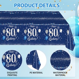 Xiliconie 3 Pack Hppy 80th Birthday Tablecloth Decorations Blue and Sliver 80 Years Old Party Disposable Rectangular Table Cloth for Men Women 80th Birthday
