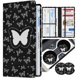 Slohif Car Registration and Insurance Card Holder - Butterfly Vehicle Glove Box Organizer Women with Magnetic Shut Leather Automobile License Holders Coasters Auto Accessories Case for Document
