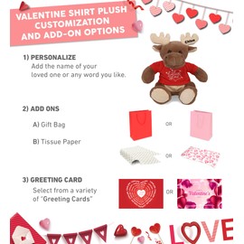DolliBu I Love You Valentine Plush Moose - Cute Stuffed Animal with Red Shirt and Name Personalization Gift for Valentines Day, Birthday, Anniversary, Romantic Date - 9 Inches