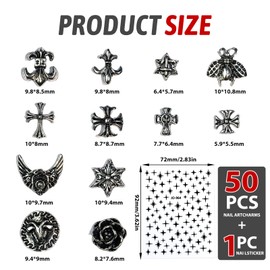 50PCS Cross Nail Art Charms 3D Punk Metal Nail Decorations for Women & Girls, 50PCS Antique Silver DIY Manicure Accessories, Gothic Rose, Studs, Rivets, Hearts, Stars, Ornaments for Nail Design