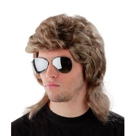 Foxxeo 50004 | 3 Combo Set. 80s Mullet Wig + Mirrored Aviator Sunglasses with Chain
