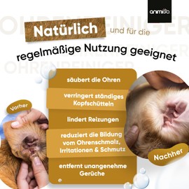 animigo Ohrreiniger für Hunde & Katzen - Ohrentropfen mit natürlichen Zutaten - Teebaumöl, Lavendelöl & Aloe Vera - Gegen Ohrenentzündungen, Juckreiz, Pilze, Ohrmilben & Bakterien - Für Ohrenpflege