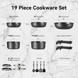 CAROTE 19Pcs Pots and Pans Set Non Stick, Cookware Set Detachable Handle, Nonstick Induction Kitchen Sets Non Stick with Removable Handle, RV Cook Ware, Oven Safe, Black