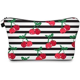 Travel Makeup Case Small, Cosmetic Zipper Bag Waterproof Small Pouch for Purse Mini, Women Cute Traveling Accessories Pouch for Ladies(Stripes Cherry)