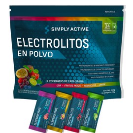 SIMPLY ACTIVE Electrolitos en Polvo | Mixpack de 24 - Uva / Maracuyá / Frutos Rojos / Limón | Ingredientes & Extractos Naturales bajo en Azúcar | Fibras de Prebioticos | Suero Electrolitos con Calcio, Citrato de Magnesio y Potasio