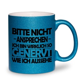 glitzertassen.de® | Bitte nicht ansprechen | Mug with Glitter | Gift Idea | Blue