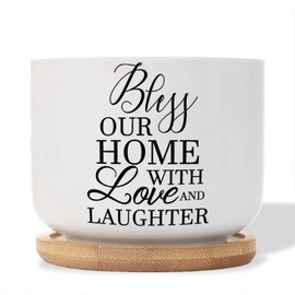 DecStic Bless Our Home with Live and Laughter Planter Ceramic Bible Verse Round Flower Pot with Drainage Holes and Bamboo Tray Pot for Pots Outdoor Indoor Plants