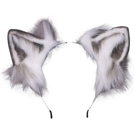YESBOR Handmade Animal Cat Fox Long Furry Ears Clip Headband Grey White One Size