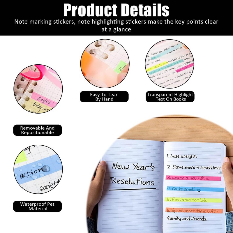 6 Rolls Highlighter Tape, Removable Neon Fluorescent Tape, Clear Marker