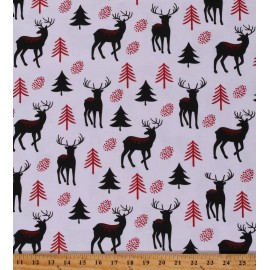 Flannel Deer Pine Trees Christmas Holiday Winter White Fabric by Yard D284.27