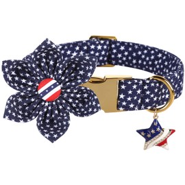 DOGWONG American Flag Dog Collar with Flower, Fourth of July Patriotic Dog Collar Memorial Day Collar for Small Medium Large Dog