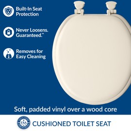 Mayfair Padded Toilet Seat, Cushioned Soft Vinyl over Wood Core Seat, Secure Hinges, Easy Clean, Made in USA, Round, Biscuit