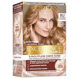 L'Oréal Paris Permanent Hair Colour for All Skin Tones, Colouration without Ammonia, Universal Nude Tones with Full Grey Hair Coverage, Excellence Creme, No. 8U Light Blonde (Blonde), 1 Piece
