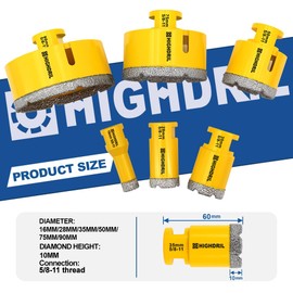 HIGHDRIL Diamond Core Drill Bits Set for Porcelain Tile Granite Marble Stone Brick Vacuum Brazed Hole Saws 6PCS 16/28/35/50/75/90mm