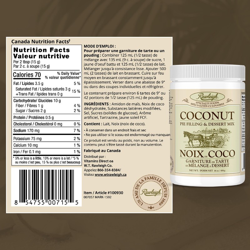 Rawleigh Coconut Pie Filling & Dessert Mix: 16 oz /