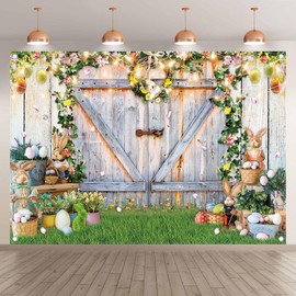 Luminora 7x5ft Fabric Spring Easter Backdrop Bunny Barn Door Colorful Eggs Floral Background Kids Baby Party Decorations Portrait Photo Banner Props