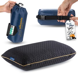 alkamto Travel & Camping Comfortable Memory Foam Pillow – Easy to Carry Portable Bag – Temperature Regulating Pillow Case (White Contour + Extra Cover)