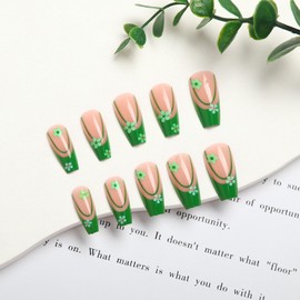 BFY Green French Press on Nails Medium Coffin Flower Fake Nails, Spring Summer Flowers Acrylic Nails, Irish Nude Glossy Gel False Nails Kit Stick Glue on Nails Tip, St Patrick's Day Decor 24 Pcs