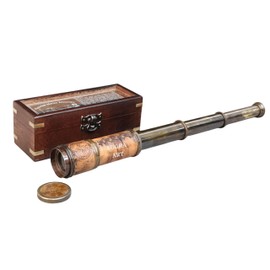 1920 "Vintage Brass Nautical 16'' Telescope with Leather Grip and Wooden Storage Box – Antique Maritime Spyglass for Collectors and Gifts
