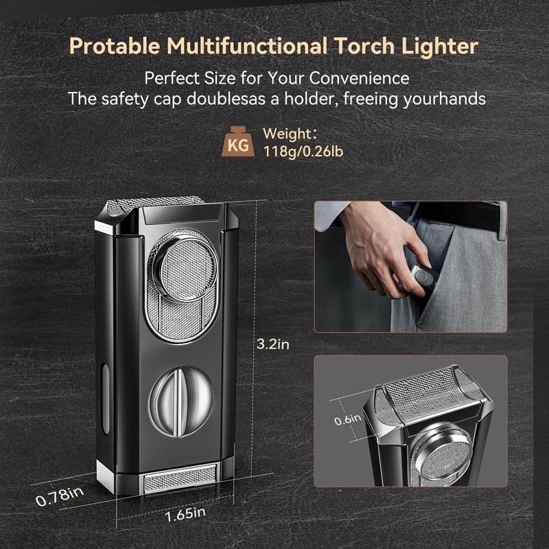 All-in-One Triple Torch Lighter, Built-in V Cutter, Holder, Adjustable Windproof