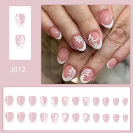Floral Press on Nails White French Tip Fake Nails Extra Short Almond Nails Press ons with Designs Squoval False Nails Full Cover Glossy Glue on Nails Stick on Nails for Women Manicure 24 Pcs