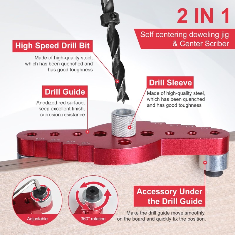 EFUTURETIME Self-Centring Dowel Device Set, 6/8/10 mm Holes Locator Woodworking,