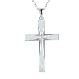 YAFEINI Religious Cross Necklace 925 Sterling Silver Opal Cross Necklace Christian Jewelry Gifts For Women Men