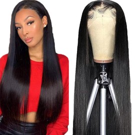 Salharer 13x6 Transparent Lace Front Human Hair Wig 180% Density Unprocessed Glueless Straight Hair Pre Plucked Natural Hairline 1B Natural Black Color 20 Inch