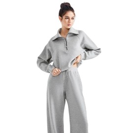 SUUKSESS Women 2 Piece Lounge Matching Sets Wide Leg Sweatpants Half Zip Oversized Sweatshirts (Grey Heather, XL)