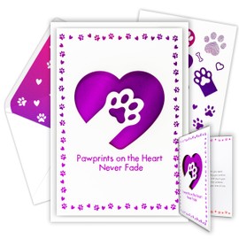 Decorably Purple Foiled Individual Pet Sympathy Cards for Dogs with Paw and Heart Cutouts, 5x8in, Loss of Dog Sympathy Card Set with Envelope and Stickers with Printed Message Inside