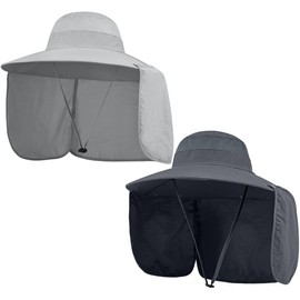 2 Pack Outdoor UV Protection Wide Brim Sun Hat,UPF50+ Fishing Hat for Men & Women with Large Neck Flap (Dark Grey＆Light Grey)