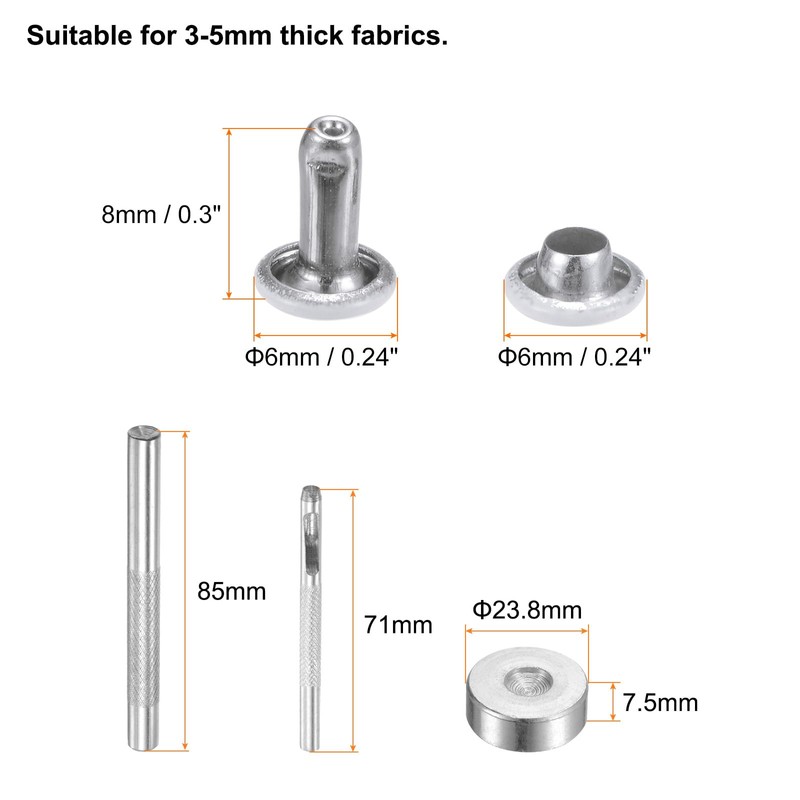 sourcing map 100 Sets Leather Rivets 6mm x 8mm Metal